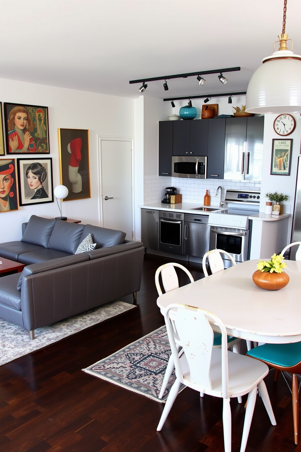 A contemporary apartment design featuring a blend of vintage and modern decor elements. The living area showcases a sleek sectional sofa paired with a mid-century coffee table, surrounded by eclectic artwork on the walls. The kitchen boasts stainless steel appliances alongside retro-inspired cabinetry and a farmhouse sink. A vintage dining table with mismatched chairs creates an inviting atmosphere for gatherings.