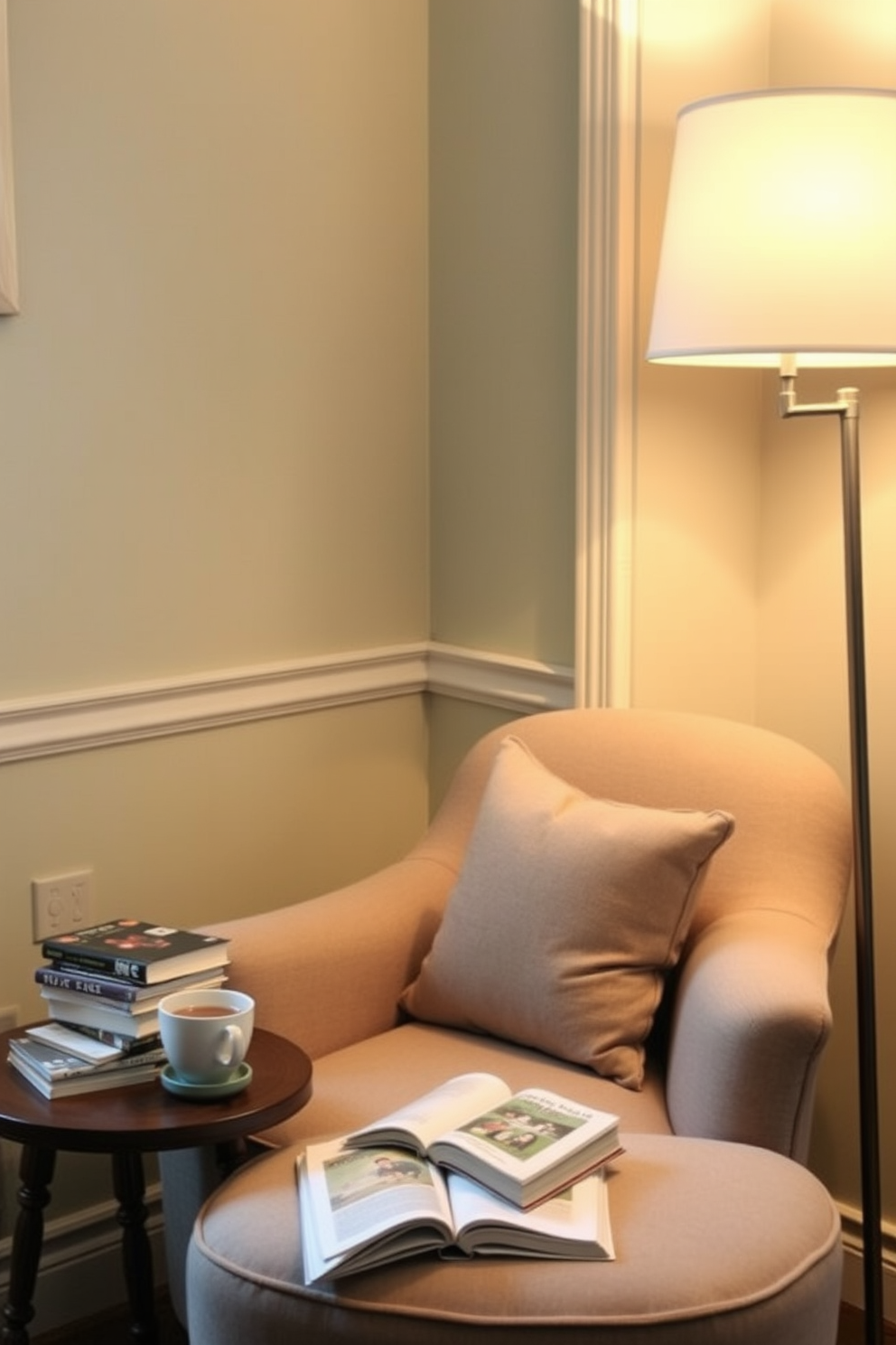 Create a cozy reading nook featuring a plush armchair upholstered in soft fabric. A small side table holds a stack of books and a warm cup of tea, while a floor lamp casts a gentle glow over the space.