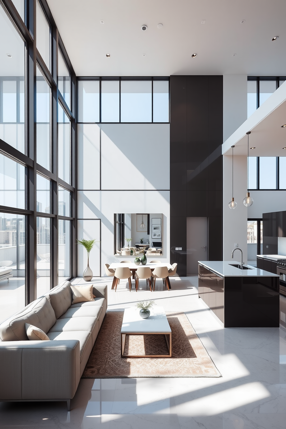 A sleek modern kitchen featuring a large central island with a polished quartz countertop. The cabinetry is a mix of matte black and glossy white finishes, complemented by stainless steel appliances and minimalist pendant lighting overhead.