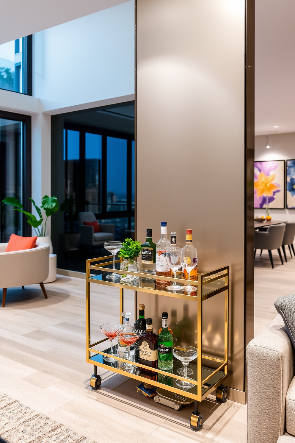 A contemporary apartment design featuring an open shelving unit that elegantly displays books and decorative items. The space is filled with natural light, with large windows showcasing a city view and minimalist furniture that complements the overall aesthetic.