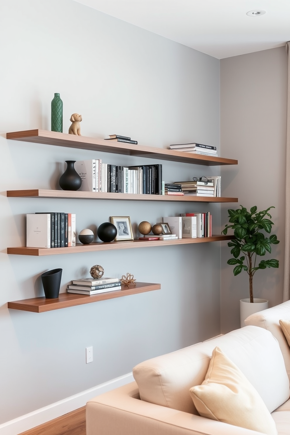 A contemporary apartment features floating shelves that showcase a curated collection of books and decorative objects. The shelves are made of sleek wood and are positioned against a light gray wall, creating a stylish focal point in the living area.