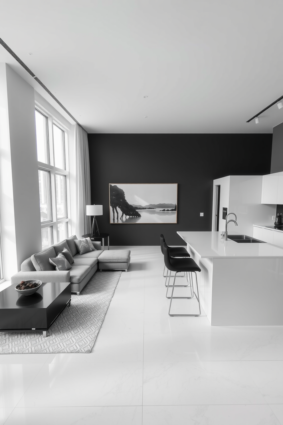 A contemporary apartment featuring a monochromatic color scheme with varying shades of gray. The living area includes a sleek sectional sofa, a minimalist coffee table, and a large abstract artwork that complements the color palette. The kitchen is designed with glossy white cabinets and a matching island, accented by black bar stools. Large windows allow natural light to flood the space, enhancing the sophisticated ambiance of the apartment.