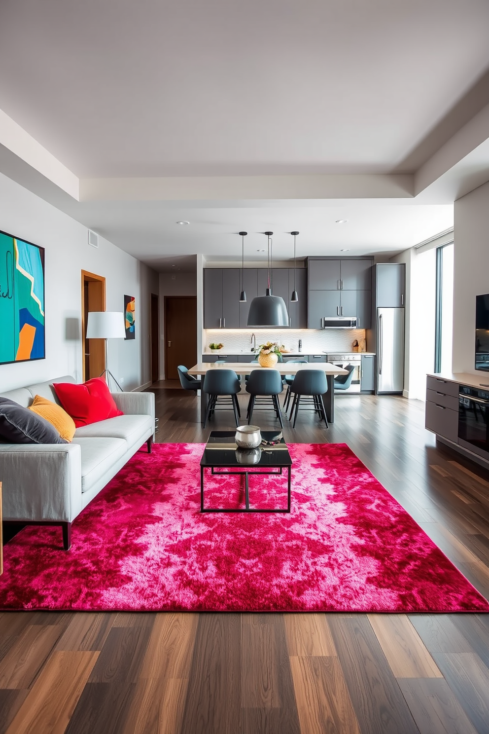 A contemporary apartment features bold area rugs that define the living spaces, adding a pop of color and texture to the overall design. The open layout includes a stylish sofa, a sleek coffee table, and vibrant artwork on the walls, creating a welcoming atmosphere. In the dining area, a large area rug anchors the table, complementing the modern chairs and pendant lighting above. The kitchen showcases minimalist cabinetry and high-end appliances, seamlessly blending functionality with aesthetic appeal.