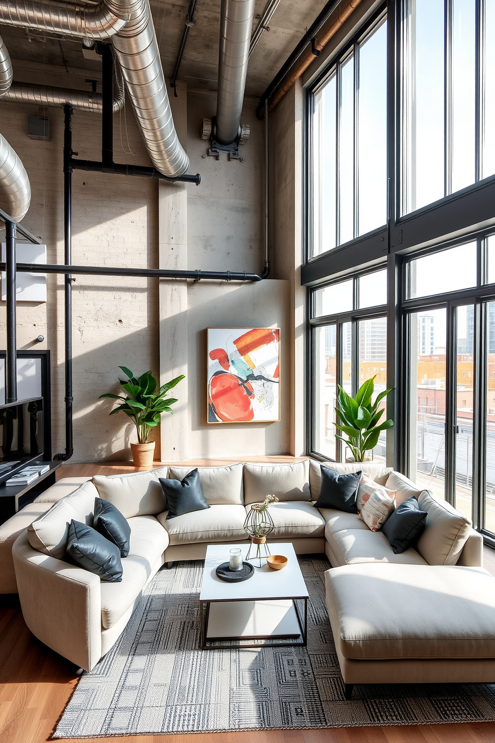 A contemporary apartment setting featuring industrial elements such as exposed pipes and concrete walls. Large windows allow natural light to flood the space, highlighting the sleek furniture and modern decor. The living area includes a plush sectional sofa paired with a minimalist coffee table. An accent wall adorned with abstract art adds a pop of color to the neutral palette.