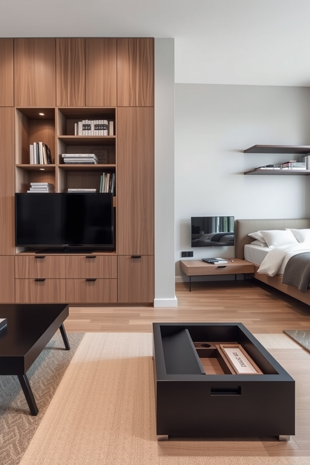 A contemporary apartment features a sleek living room with built-in shelves that maximize vertical space. A stylish coffee table with hidden compartments offers additional storage while maintaining a clean aesthetic. The bedroom showcases a platform bed with drawers underneath, providing ample storage for linens and personal items. A wall-mounted desk with floating shelves creates a functional workspace without cluttering the room.