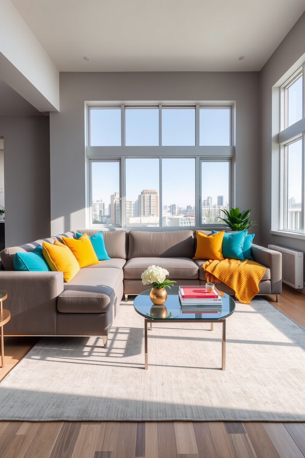 A contemporary apartment living room features a sleek sectional sofa adorned with vibrant throw pillows in shades of teal and mustard yellow. Large windows allow natural light to flood the space, highlighting the minimalist decor and a stylish coffee table made of glass and metal. The walls are painted in a soft gray, creating a neutral backdrop that enhances the colorful accents throughout the room. A modern area rug ties the seating area together, adding warmth and texture to the overall design.