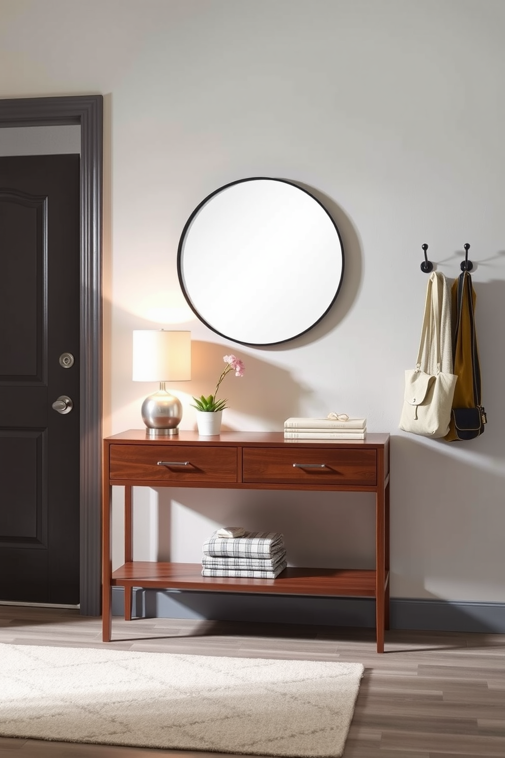 Create an inviting entryway with decor that features a sleek console table against a light gray wall. A round mirror with a thin black frame hangs above the table, while a stylish lamp and a small potted plant add warmth to the space. The floor is adorned with a soft area rug in neutral tones, providing comfort as you enter. To the side, a set of hooks mounted on the wall holds stylish coats and bags, enhancing both functionality and aesthetic appeal.