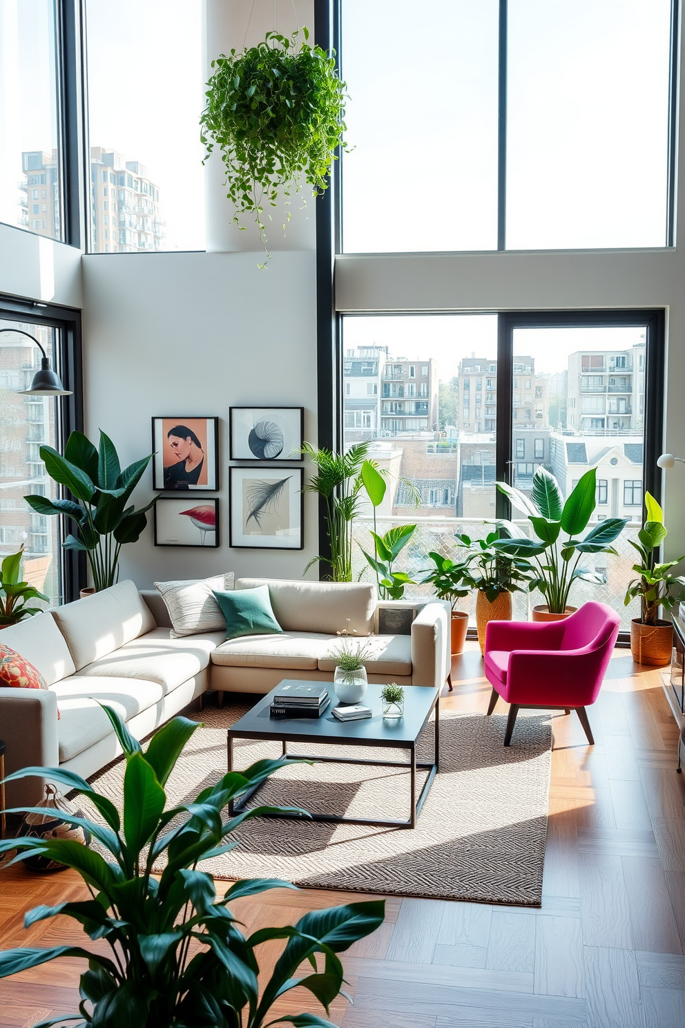 A contemporary apartment design featuring an open-plan living space with large windows that allow natural light to flood in. The room is adorned with various indoor plants strategically placed to enhance freshness and vitality throughout the space. The living area includes a sleek sectional sofa in a neutral tone paired with a vibrant accent chair. A modern coffee table sits on a textured area rug, while a gallery wall showcasing abstract art adds character to the ambiance.