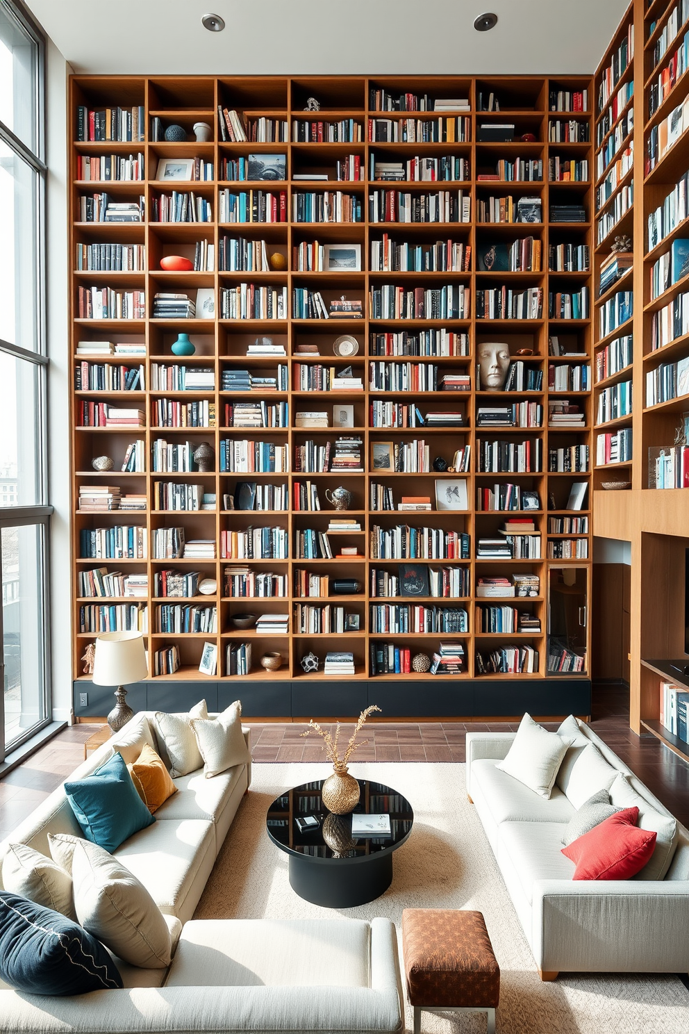 A contemporary apartment featuring tall bookshelves that stretch from floor to ceiling. The shelves are filled with a curated collection of books and decorative objects, creating an inviting and stylish focal point in the living area. The color palette is a blend of soft neutrals and bold accents, with plush seating arranged for comfort and conversation. Large windows allow natural light to flood the space, enhancing the modern aesthetic and making the apartment feel open and airy.