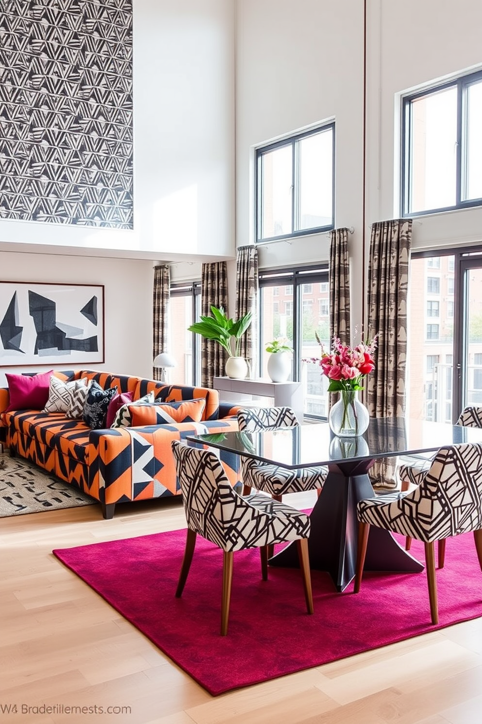 A contemporary apartment features a living room adorned with geometric patterned textiles that add a modern flair. The sofa is dressed in a bold, angular print, complemented by throw pillows in contrasting shapes and colors. The dining area showcases a sleek table surrounded by chairs upholstered in a chic geometric fabric. Large windows let in natural light, enhancing the vibrant patterns and creating an inviting atmosphere.