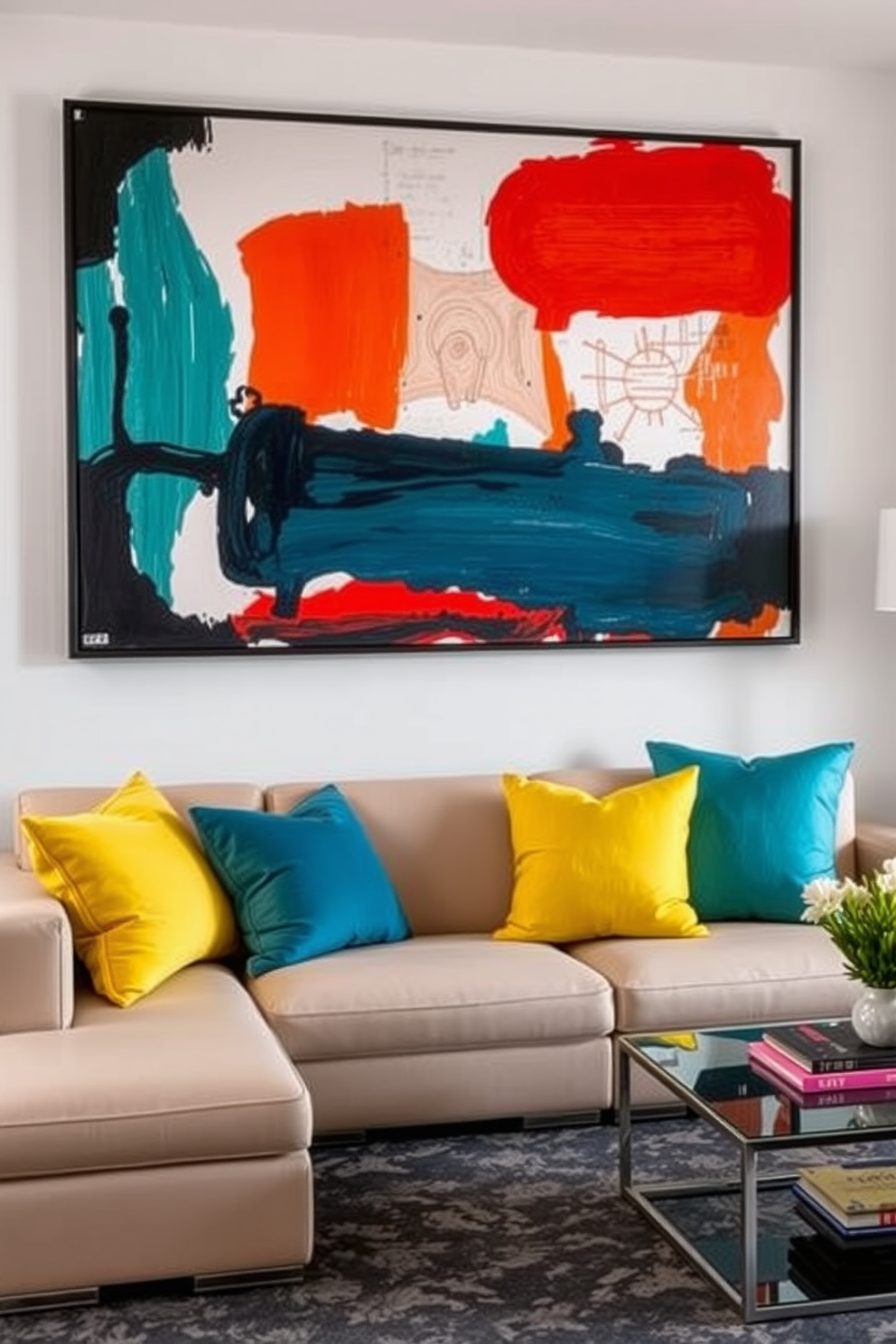 A contemporary apartment features large statement artwork as the focal point in the living area. The artwork is displayed above a sleek sectional sofa in a neutral color, complementing the modern decor and vibrant accent pillows.