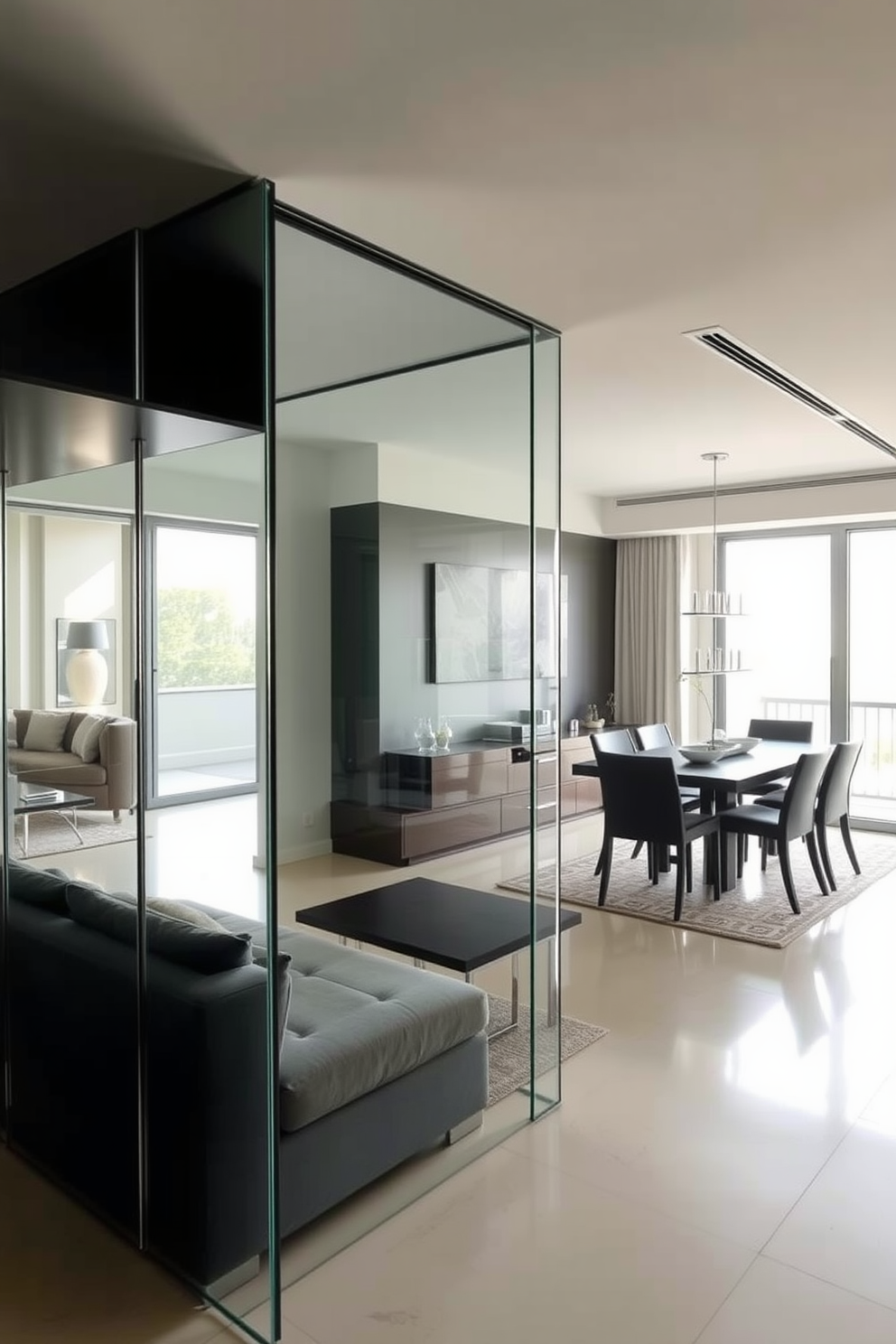 A sleek contemporary apartment features glass partitions that elegantly separate the living area from the dining space. The partitions allow natural light to flow throughout the apartment while maintaining a sense of openness and modernity.