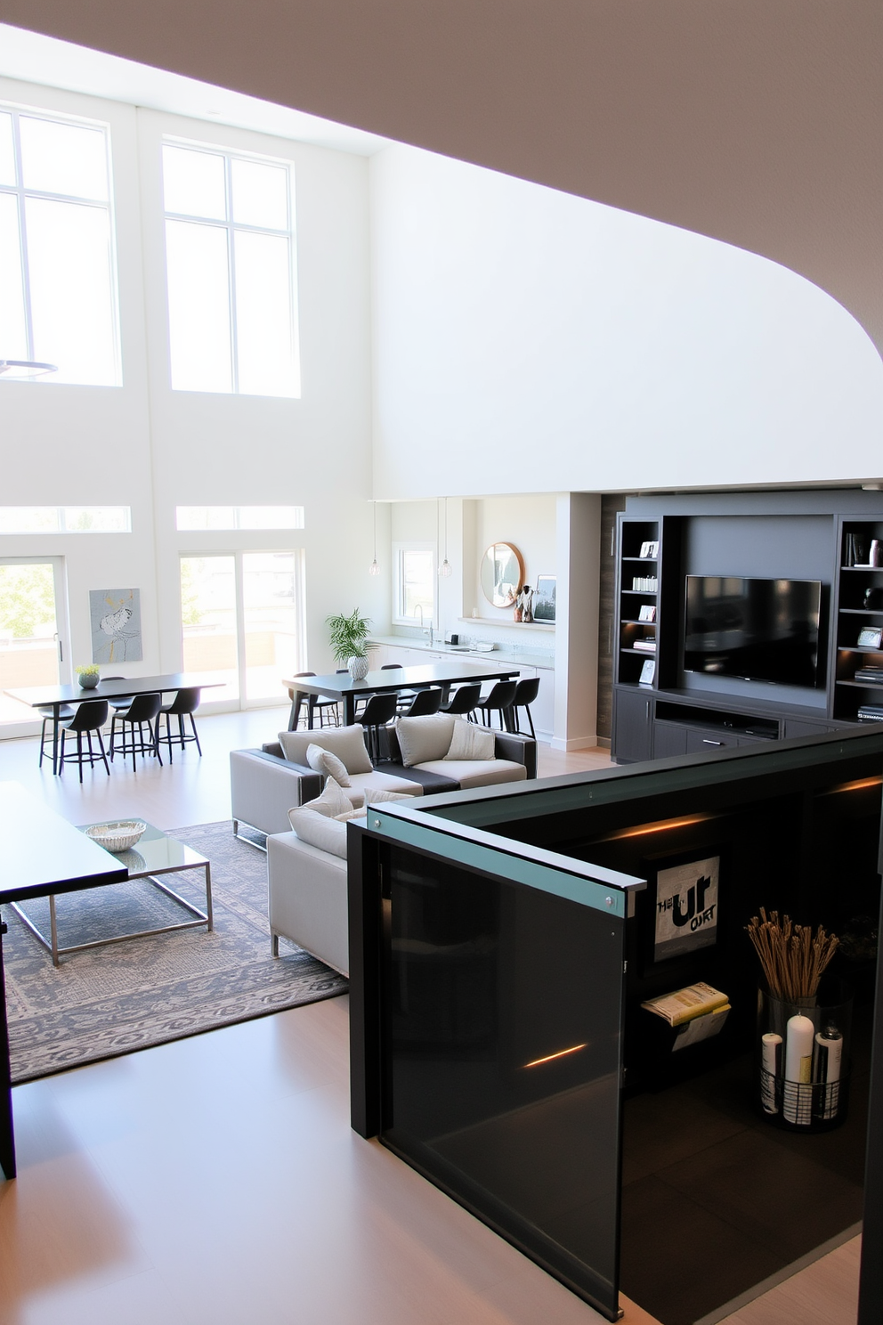 A contemporary basement features a sleek sectional sofa arranged in a geometric pattern, complemented by a glass coffee table. The walls are painted in a light gray tone, while the flooring showcases polished concrete with an area rug in bold geometric shapes. In one corner, a modern bar area is designed with minimalist stools and a stylish countertop. Ambient lighting fixtures hang from the ceiling, creating a warm and inviting atmosphere perfect for gatherings.