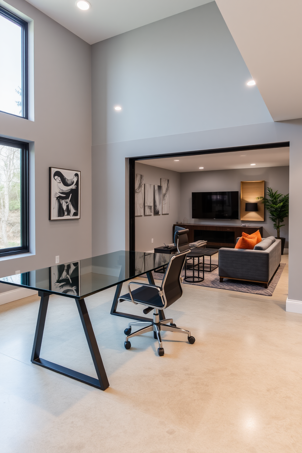 A functional home office nook setup featuring a sleek desk made of reclaimed wood paired with a comfortable ergonomic chair. The walls are painted in a soft gray tone, and a large window allows natural light to flood the space, enhancing productivity. Contemporary basement design ideas showcasing an open layout with a cozy seating area that includes a sectional sofa and a modern coffee table. The space is accented with ambient lighting and a neutral color palette, creating a warm and inviting atmosphere.