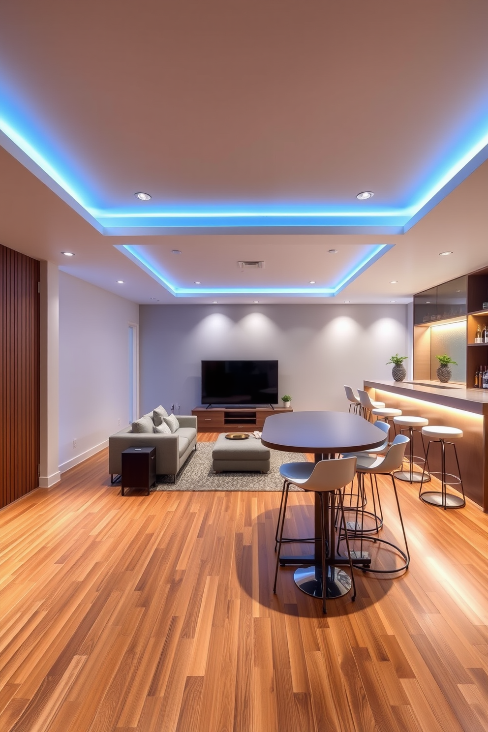 A contemporary basement designed for entertainment features an integrated sound system seamlessly built into the walls. The space includes plush seating arranged around a large screen, with ambient lighting creating a cozy atmosphere.