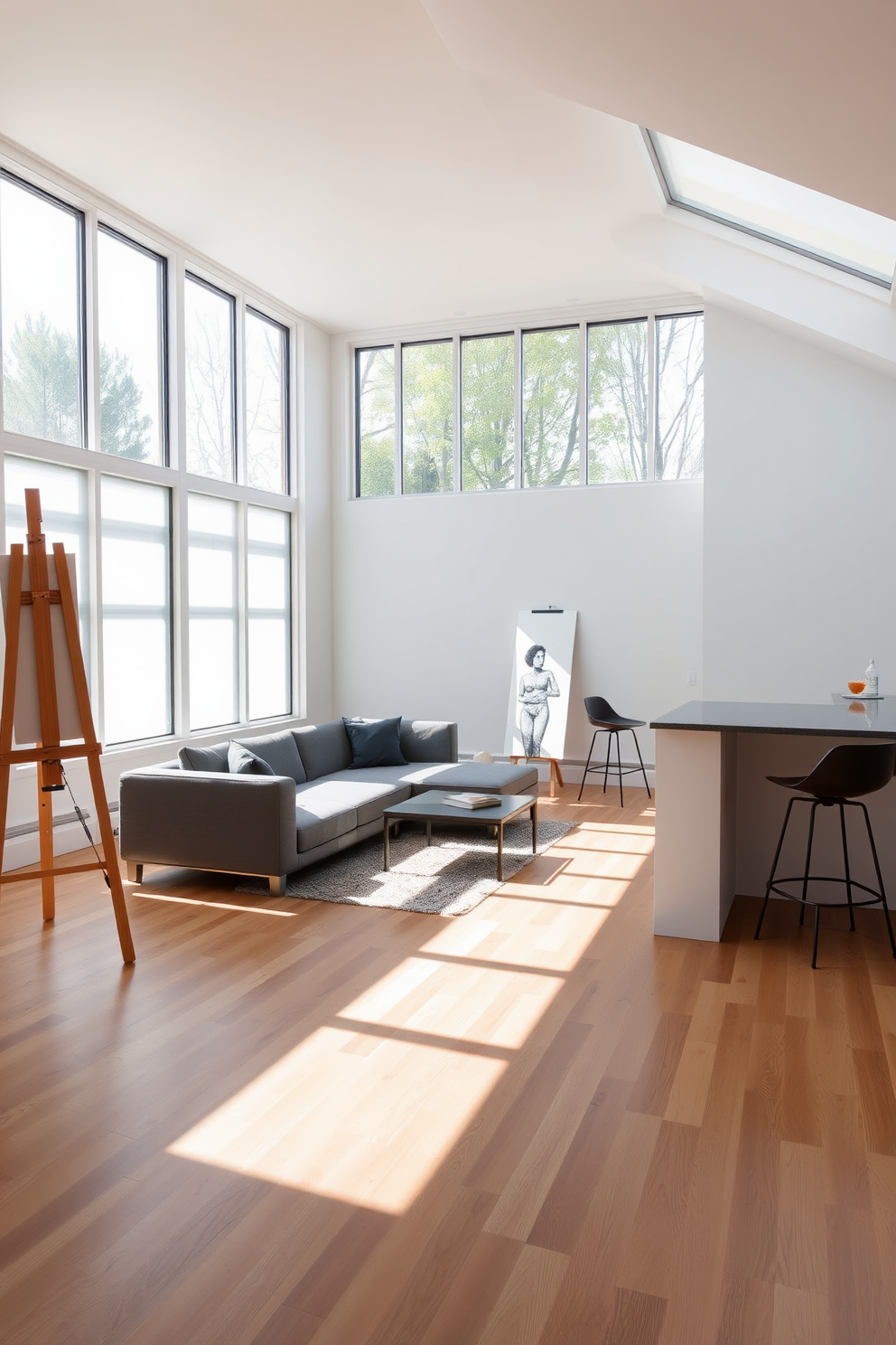 Art studio with natural light and easels. The room features large windows allowing sunlight to flood in, illuminating the wooden floors and white walls. Contemporary basement design ideas. The space includes a sleek sectional sofa, a modern coffee table, and a built-in bar area with stylish stools.