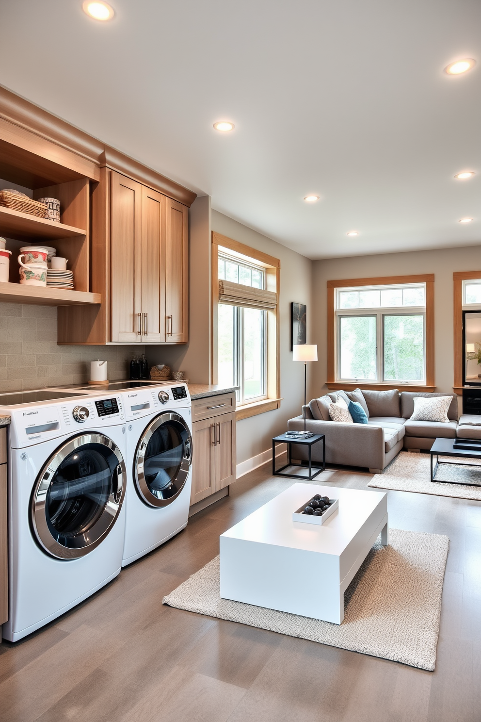 A functional laundry room features built-in cabinets and shelves providing ample storage space for supplies. The room is equipped with a large washer and dryer, and a countertop for folding clothes is positioned between them. The contemporary basement design includes an open layout with a cozy seating area featuring a sectional sofa and a sleek coffee table. Large windows allow natural light to flood the space, while neutral tones and modern decor create a stylish and inviting atmosphere.