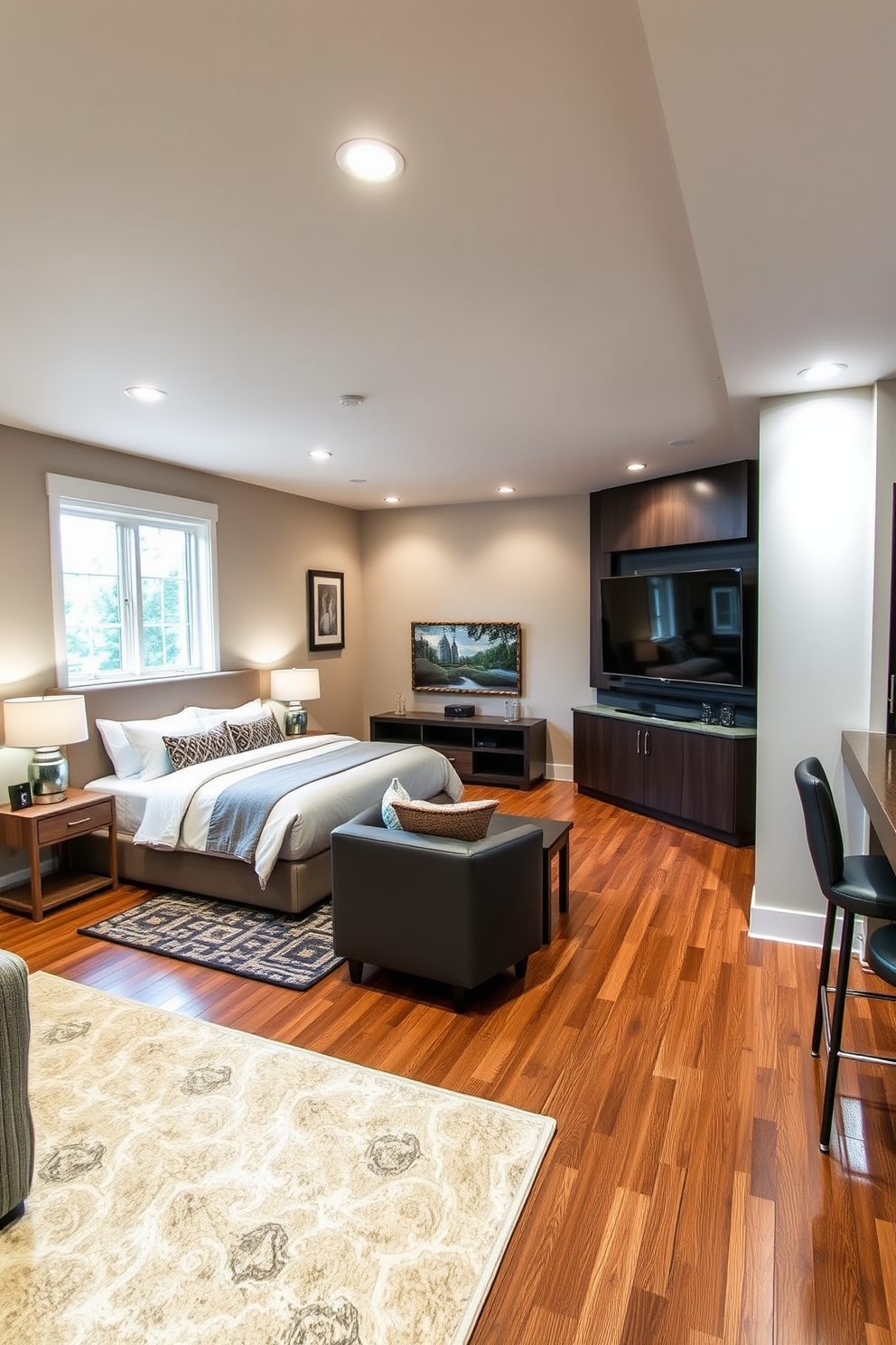 A contemporary basement design featuring minimalist decor with clean lines. The space includes a sleek sectional sofa in a neutral color, complemented by a glass coffee table and geometric accent pillows. The walls are painted in a soft gray, providing a calm backdrop for the open layout. Large windows allow natural light to flood the area, enhancing the airy feel of the basement.