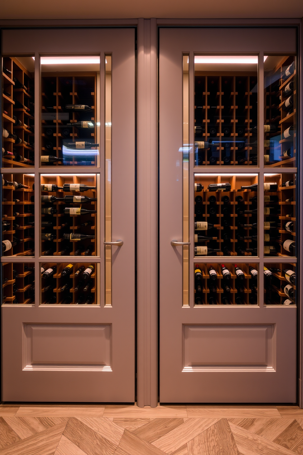 A wine cellar featuring elegant glass doors that showcase an array of wine bottles neatly organized on wooden racks. The space is designed with a modern aesthetic, incorporating ambient lighting that highlights the rich textures of the walls and flooring.