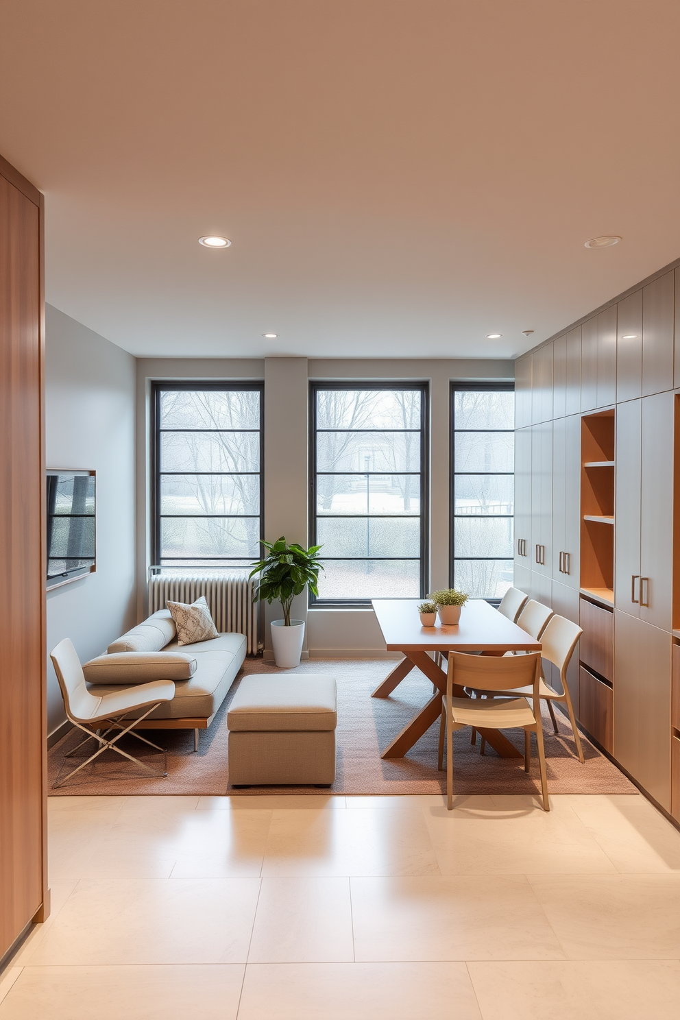 Custom cabinetry for organized storage in a contemporary basement. The cabinetry features sleek lines and a mix of open and closed shelving, providing both functionality and style.