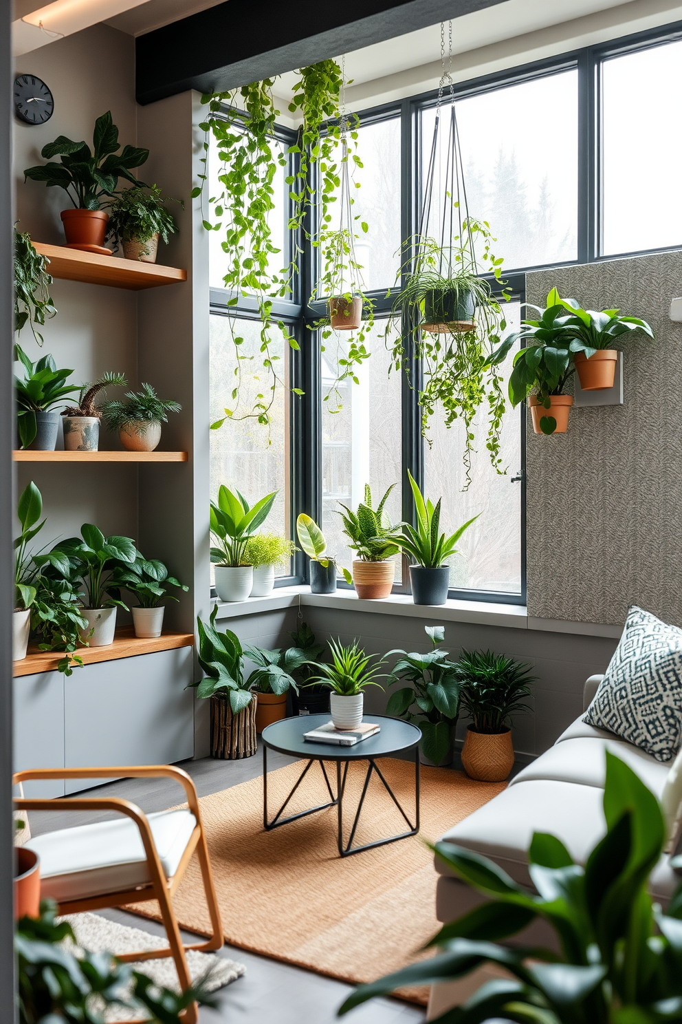 An indoor garden filled with low-maintenance plants creates a serene atmosphere. The space features a variety of potted plants arranged on wooden shelves and hanging planters, with soft natural light filtering through large windows. The contemporary basement design incorporates sleek lines and a neutral color palette. A cozy seating area is arranged around a modern coffee table, with an accent wall showcasing a textured finish for added depth.