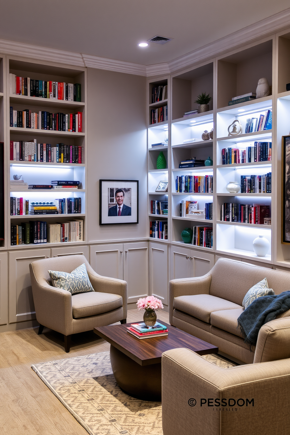 Cozy reading nook with built-in shelves. A plush armchair sits in the corner, surrounded by tall built-in shelves filled with books and decorative items. Contemporary basement design ideas. The space features a sleek sectional sofa, a modern coffee table, and ambient lighting that creates a warm and inviting atmosphere.