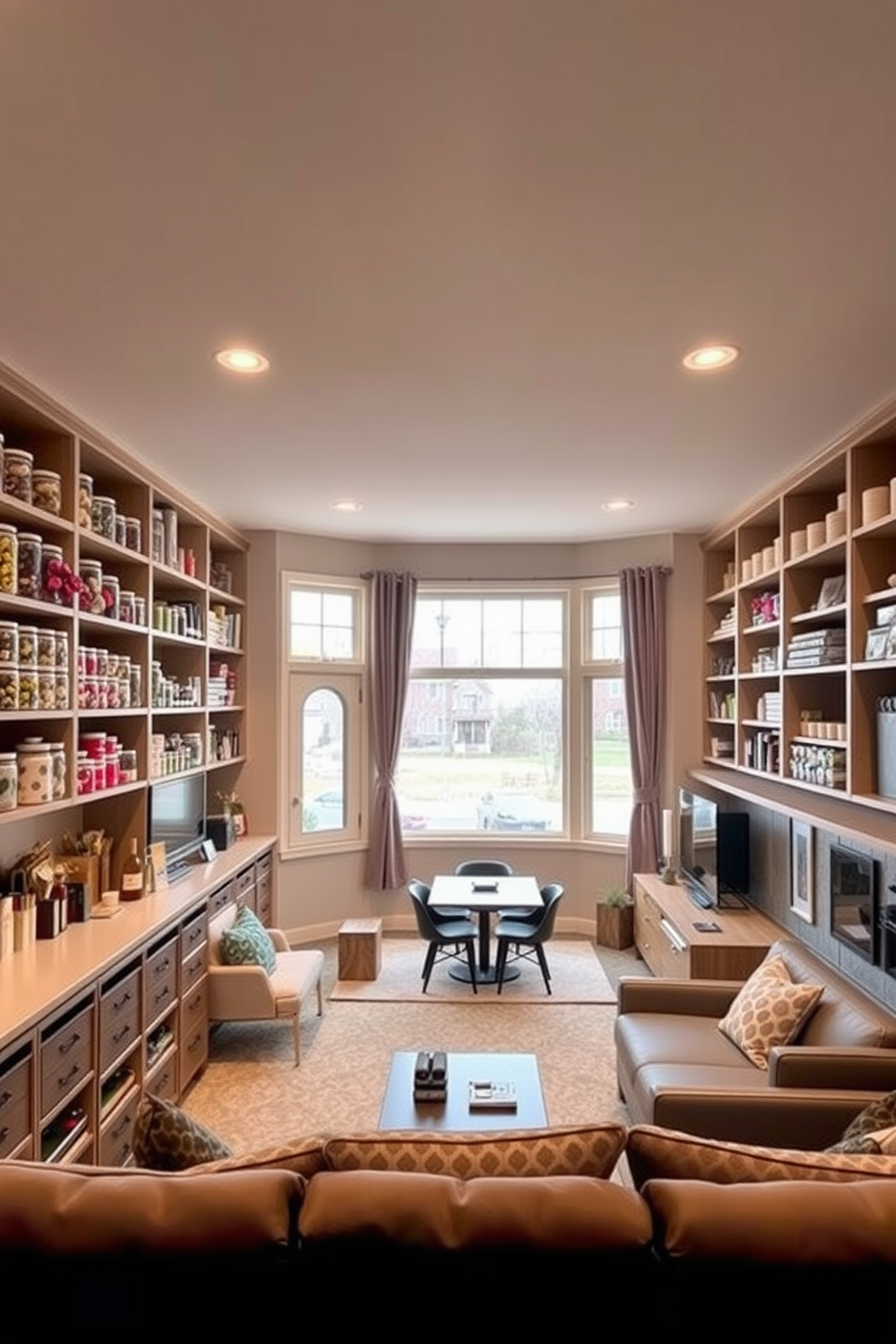 A creative craft room filled with organized supplies. The walls are painted in a soft pastel color, and shelves are lined with neatly arranged jars of buttons, ribbons, and paints. Contemporary basement design featuring an open layout. The space includes a cozy seating area with modern furniture, large windows for natural light, and a stylish bar counter for entertaining.