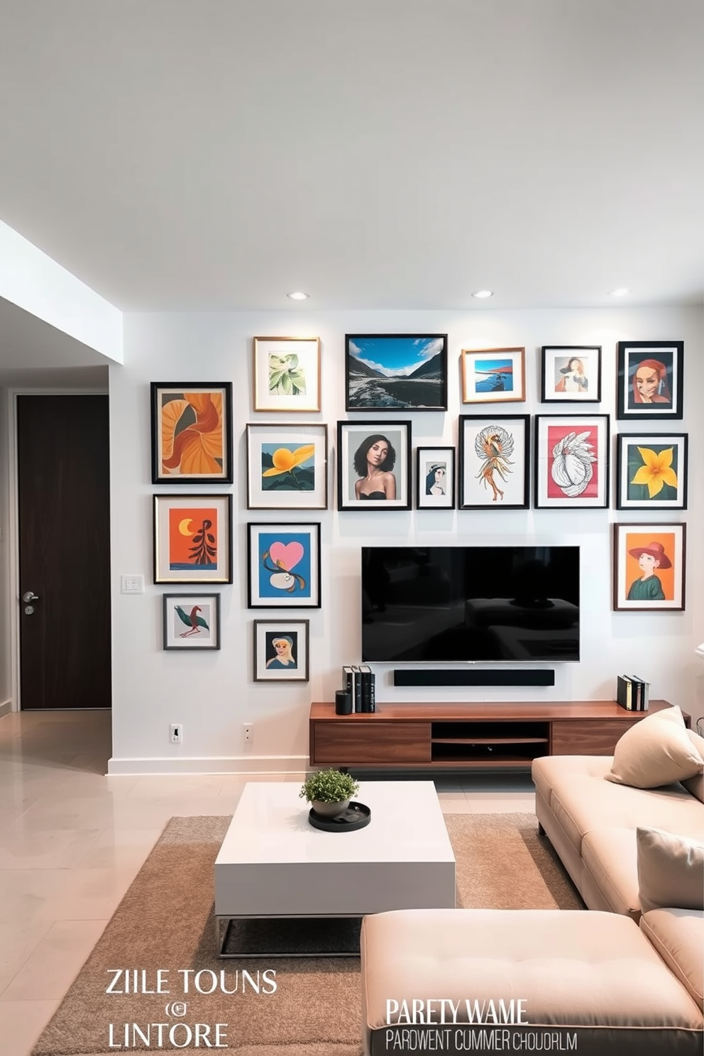 A modern gallery wall featuring an eclectic mix of framed artworks in various sizes and styles. The wall is painted in a soft white, allowing the vibrant colors of the art to pop, with strategically placed spotlights highlighting each piece. A contemporary basement design that incorporates sleek furniture and open spaces. The area includes a cozy seating arrangement with a sectional sofa, a minimalist coffee table, and a large flat-screen TV mounted on a feature wall.