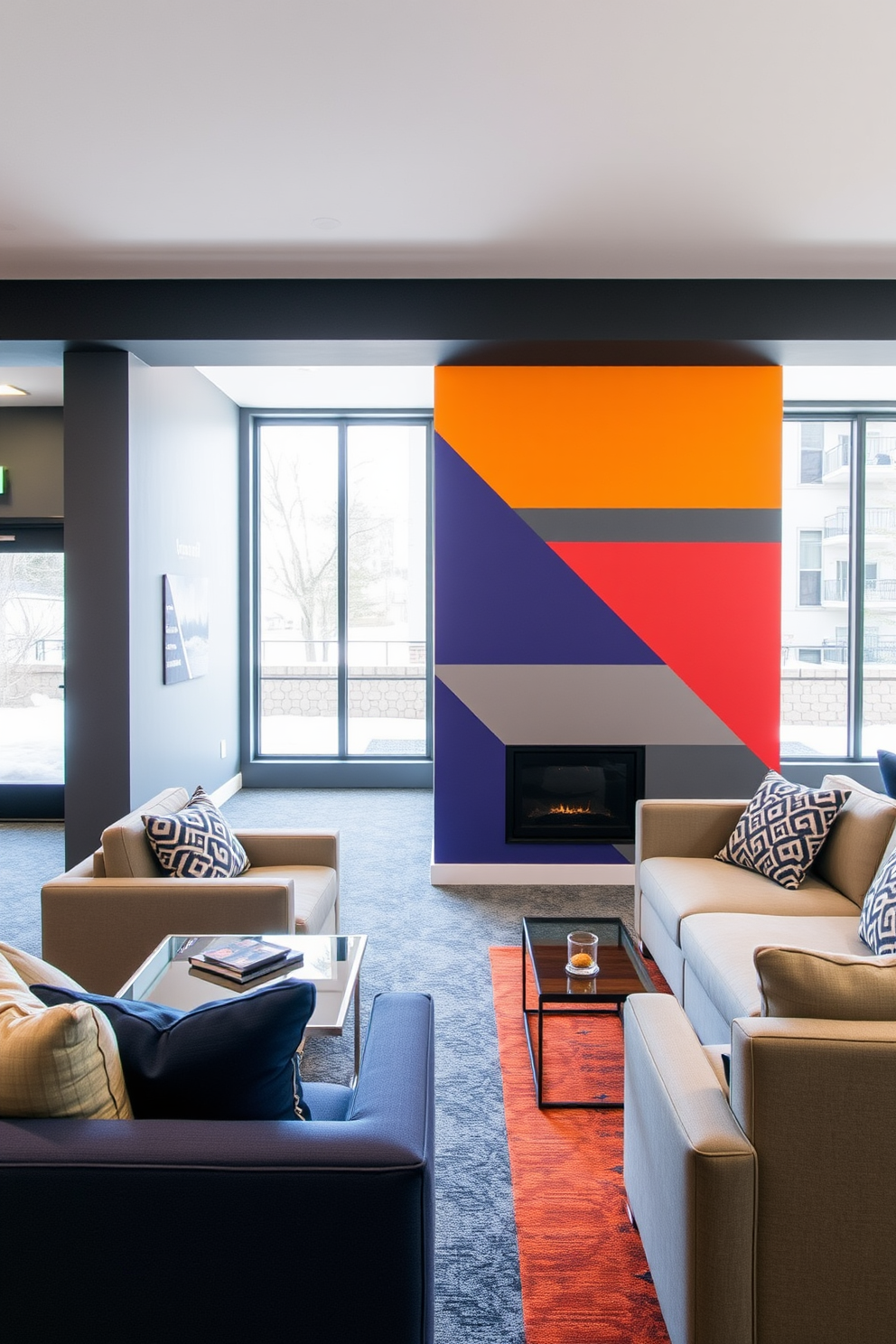 A stylish accent wall features bold colors that create a striking focal point in the room. The wall is adorned with geometric patterns that enhance the modern aesthetic of the space. The contemporary basement design includes sleek furniture and open layouts that maximize functionality. Large windows allow natural light to flood the area, creating an inviting atmosphere.