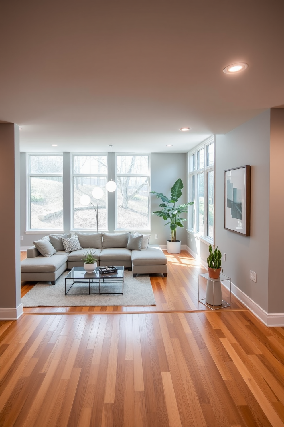 A contemporary basement design featuring an open floor plan that encourages seamless flow throughout the space. The area is defined by a cozy seating arrangement with a plush sectional sofa and a sleek coffee table, complemented by large windows that allow natural light to flood in. The walls are painted in a soft gray hue, creating a calming atmosphere, while the flooring consists of warm hardwood that adds a touch of elegance. Decorative elements include minimalist artwork and strategically placed indoor plants that enhance the modern aesthetic.