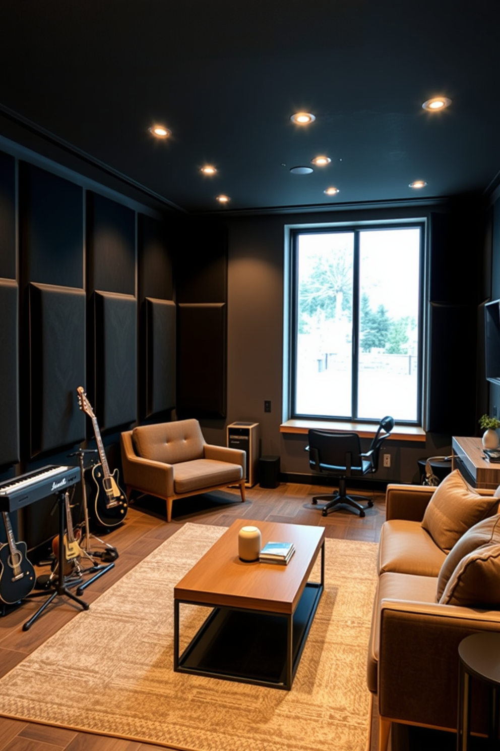 A soundproof music room designed for practice sessions features thick acoustic panels on the walls to absorb sound. The room includes a comfortable seating area with a plush sofa and a stylish coffee table, while musical instruments are neatly arranged along one wall. For contemporary basement design ideas, envision an open layout with sleek furniture and modern lighting fixtures. Large windows provide natural light, and a cozy entertainment area is complemented by a minimalist bar setup.