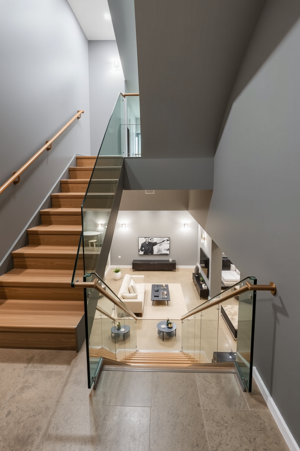 A contemporary staircase with sleek wooden steps and glass railings descends into a spacious basement. The walls are painted in a soft gray, and the floor features polished concrete, creating a modern and inviting atmosphere. The basement is designed with an open layout, showcasing a cozy seating area with plush sofas and a stylish coffee table. Ambient lighting fixtures are strategically placed to enhance the warm and welcoming vibe of the space.