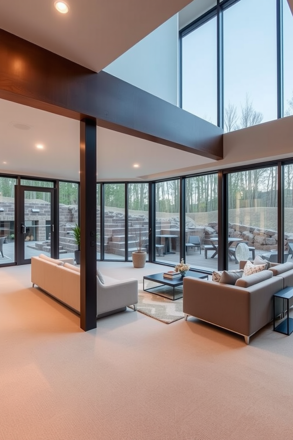 A contemporary basement design featuring expansive floor-to-ceiling windows that flood the space with natural light. The room is styled with sleek furniture, a neutral color palette, and modern decor elements that create an inviting atmosphere.