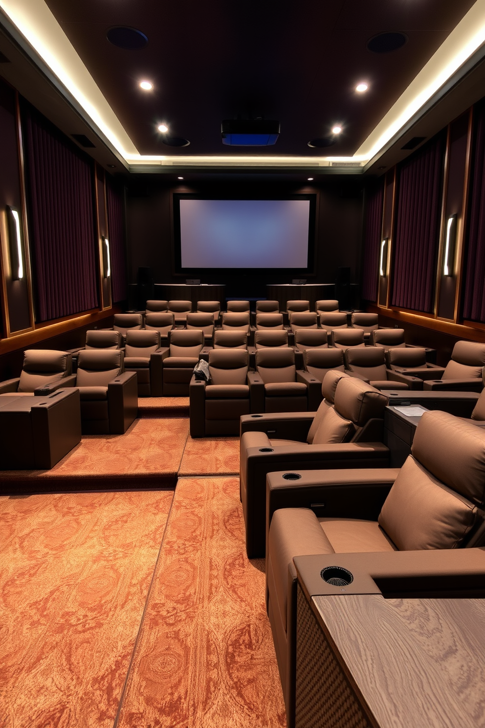 A luxurious home theater featuring plush seating options arranged in a tiered layout. The walls are adorned with dark acoustic panels, and ambient lighting creates a cozy atmosphere for an immersive viewing experience. The flooring is finished with a rich carpet that enhances comfort and sound quality. A large screen is mounted on the wall, with a state-of-the-art sound system integrated into the design for an exceptional cinematic experience.