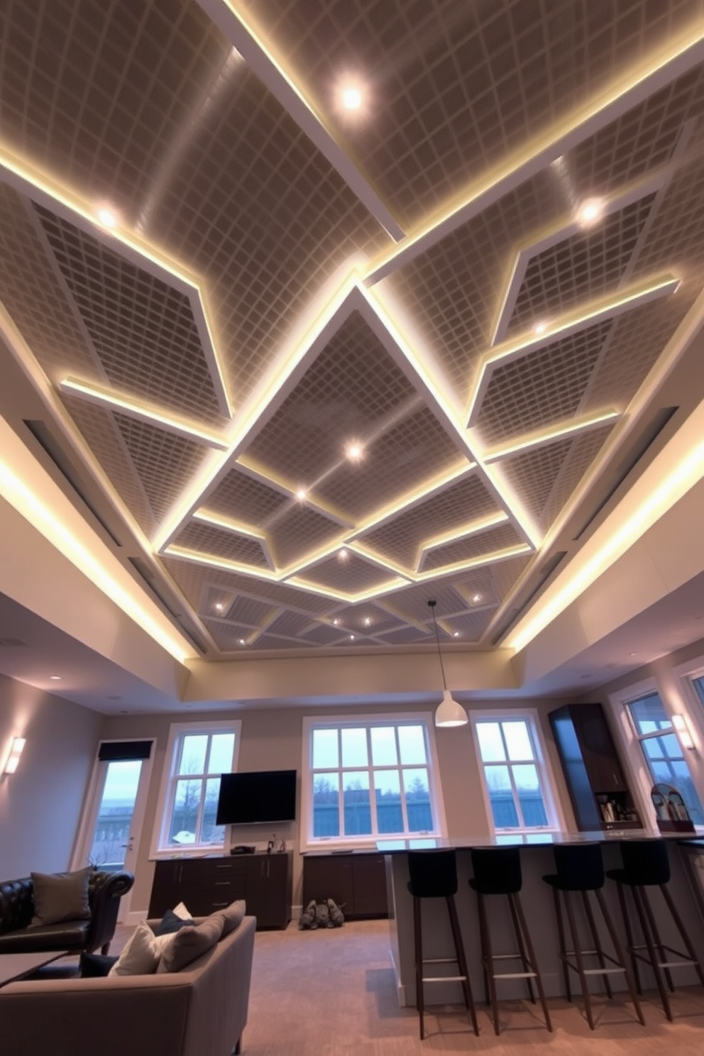 Unique ceiling designs with modern fixtures. The ceiling features a geometric pattern with recessed LED lighting that creates an ambient glow throughout the space. Contemporary basement design ideas. The basement includes an open layout with a cozy seating area, a sleek bar with high stools, and large windows that let in natural light.