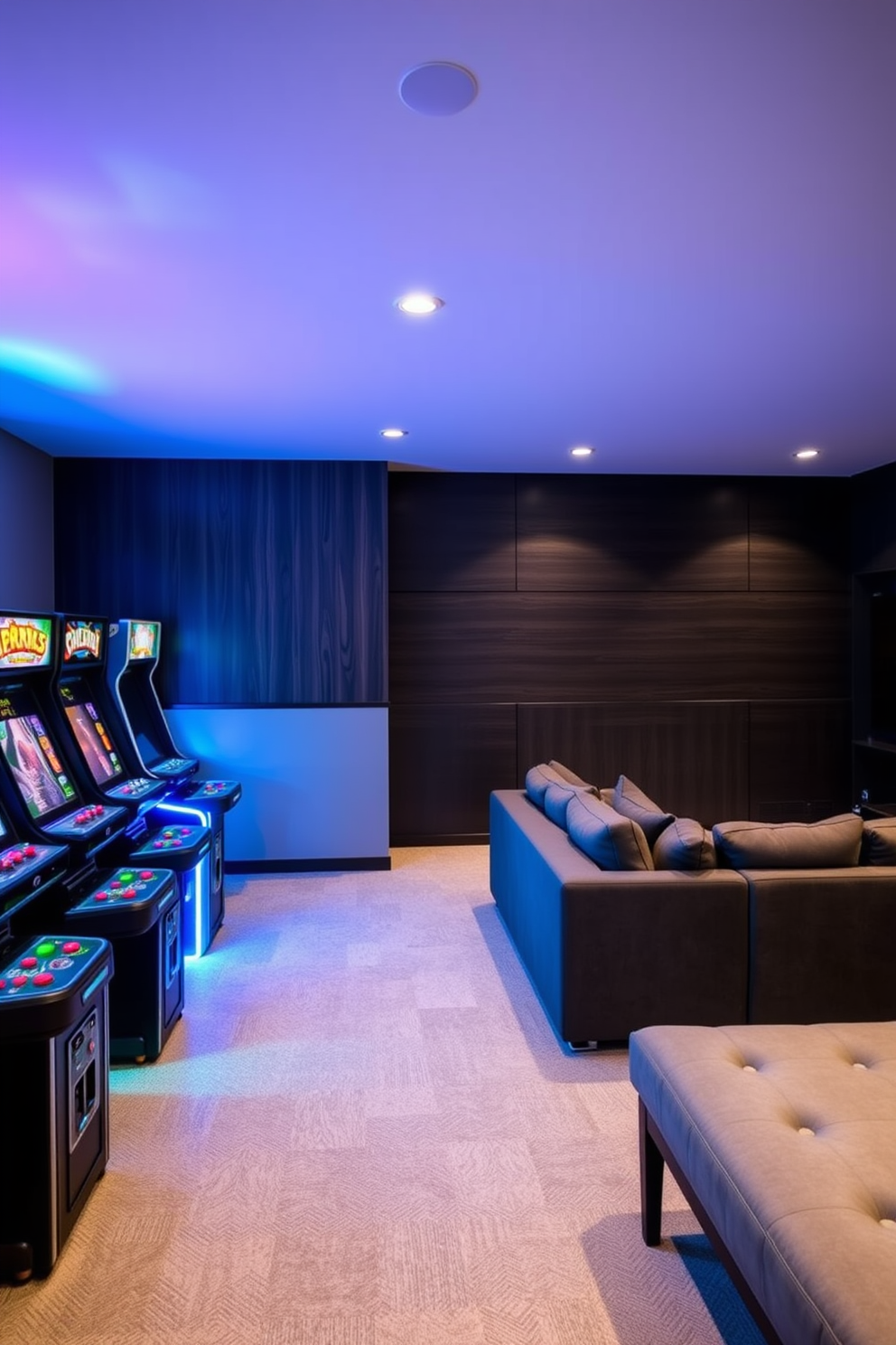 A modern game room featuring sleek arcade machines lined against one wall. The space is illuminated by colorful LED lights, creating a vibrant and energetic atmosphere. The basement is designed with a cozy lounge area that includes plush seating and a large flat-screen TV. Dark wood accents and neutral tones provide a sophisticated backdrop for entertainment and relaxation.