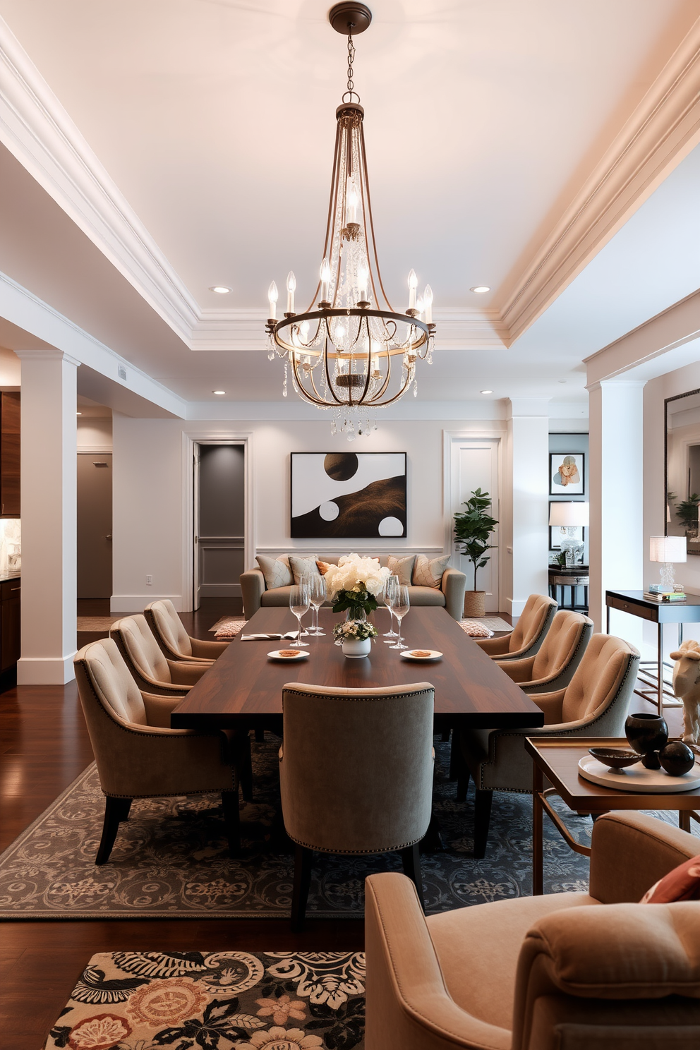 Open shelving units line the walls of a contemporary basement, showcasing an array of decorative items and books. The space features a cozy seating area with a plush sofa and a stylish coffee table, creating an inviting atmosphere for relaxation and entertainment.