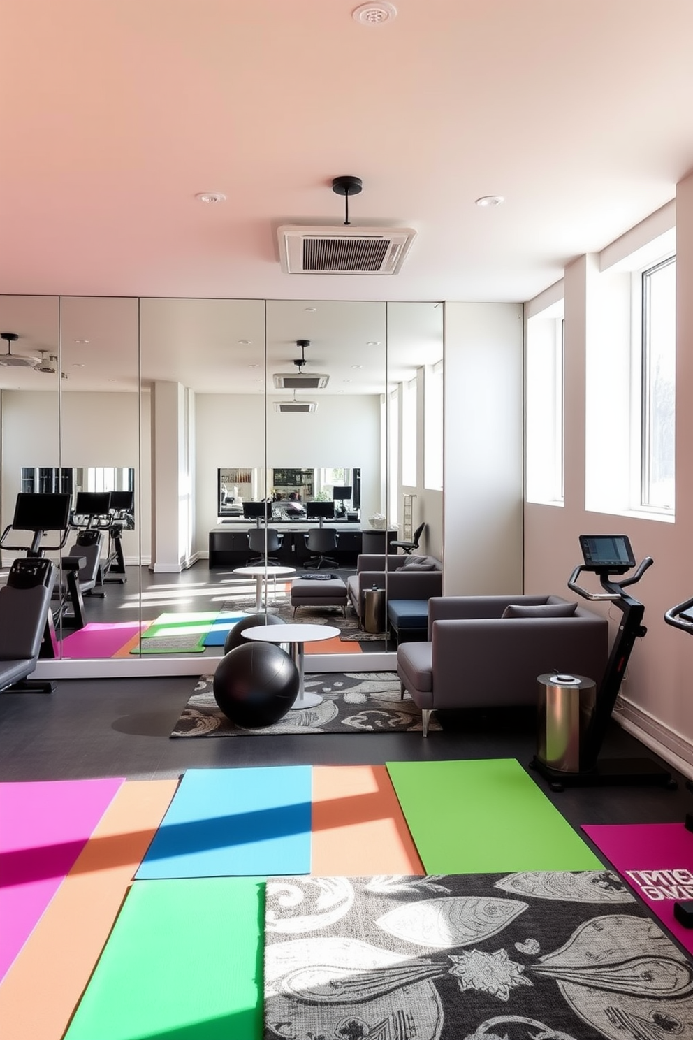 A spacious exercise room features mirrored walls that reflect the natural light streaming in from the large windows. The floor is covered with vibrant mats in various colors, providing a lively atmosphere for workouts. The contemporary basement design includes an open layout with sleek furniture and modern lighting fixtures. Soft neutral tones dominate the walls, while a stylish rug adds warmth to the space.