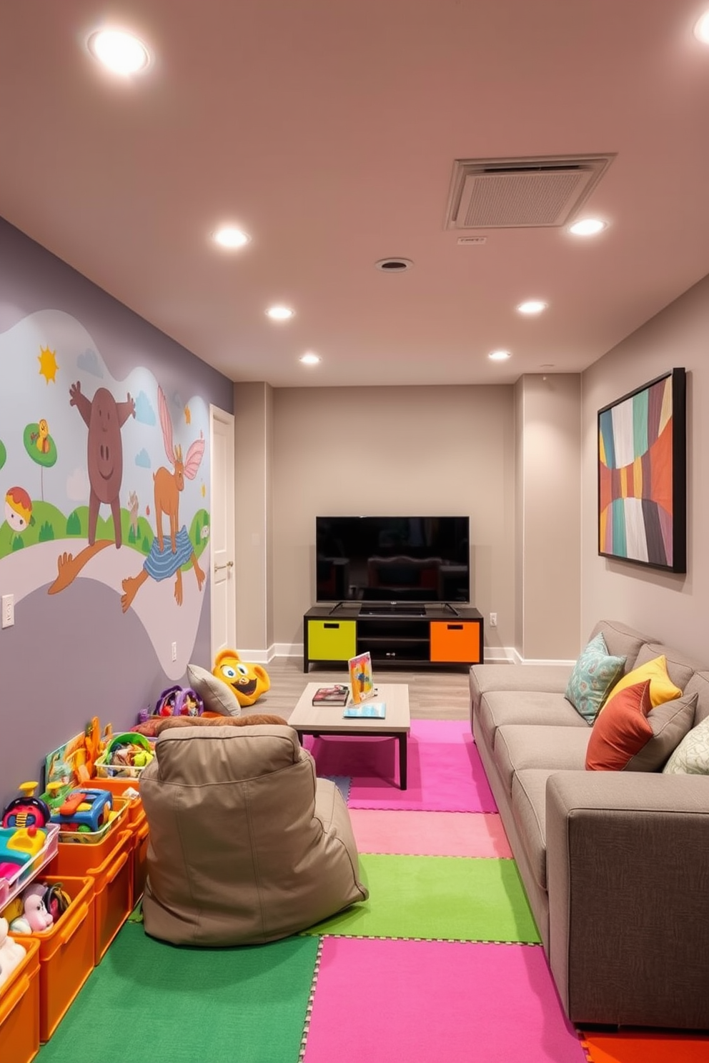 A vibrant kids play area filled with colorful decor. The walls are adorned with playful murals and the floor is covered with soft, cushioned mats in bright hues. The space features a variety of toys neatly organized in bright storage bins. A cozy reading nook with oversized cushions invites children to relax and explore their favorite books. A contemporary basement designed for relaxation and entertainment. The area includes a sleek sectional sofa, a large flat-screen TV, and a stylish coffee table. The walls are painted in a neutral tone, complemented by modern artwork that adds a pop of color. Ambient lighting fixtures create a warm and inviting atmosphere for gatherings.