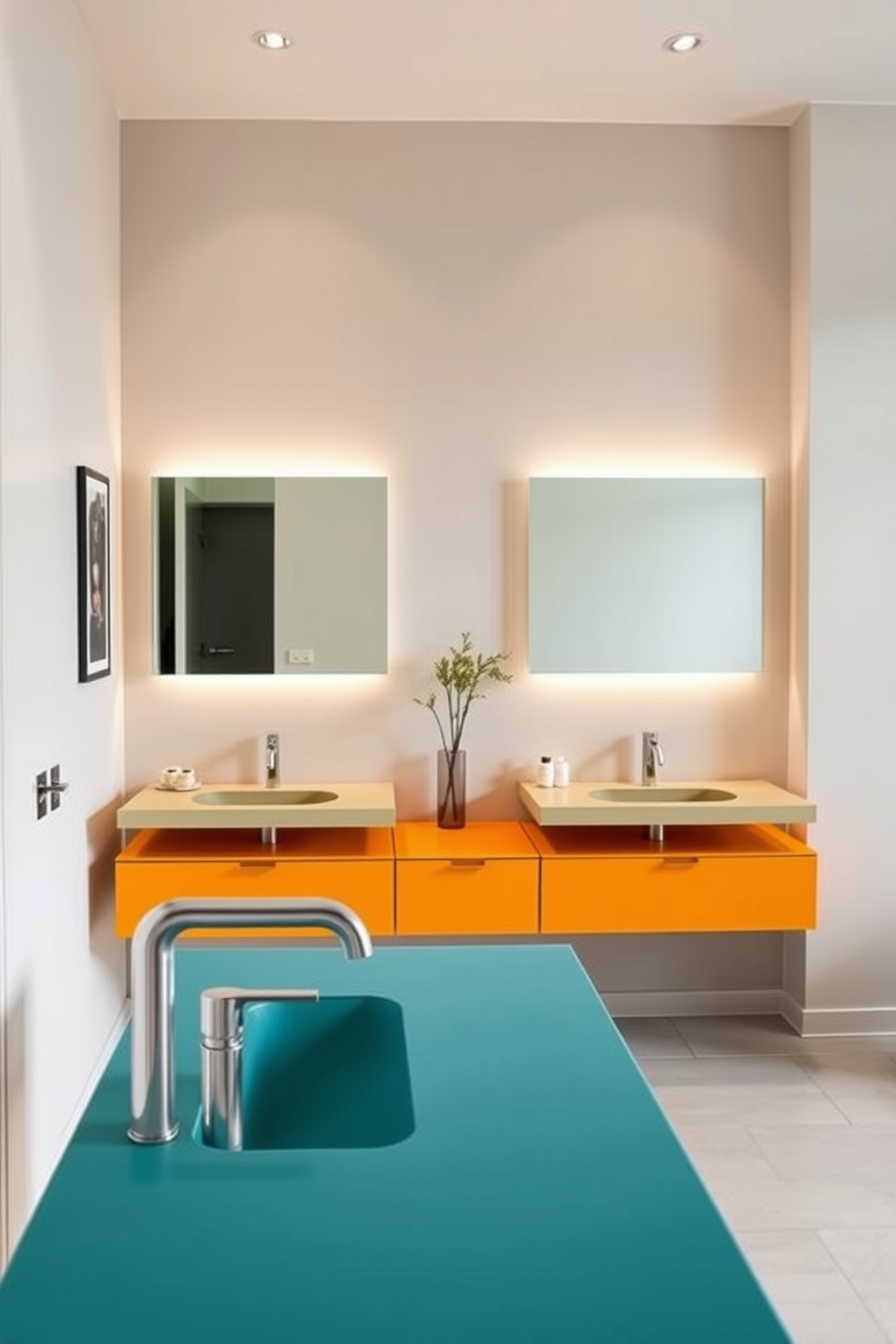 Sleek floating vanities in bold colors create a striking focal point in a contemporary bathroom. The space features clean lines and modern fixtures, complemented by a large frameless mirror that enhances the sense of openness.