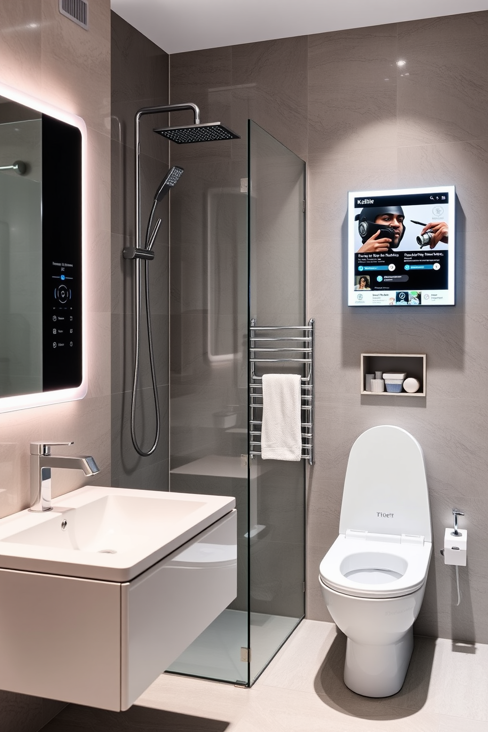 A contemporary bathroom design featuring smart technology for modern conveniences. The space includes a sleek digital shower system with touch controls and a smart mirror that displays the weather and news. The walls are adorned with large format tiles in a soft gray hue, complemented by a floating vanity with integrated LED lighting. A heated towel rack is installed next to the shower, and a smart toilet with bidet functionality completes the luxurious experience.