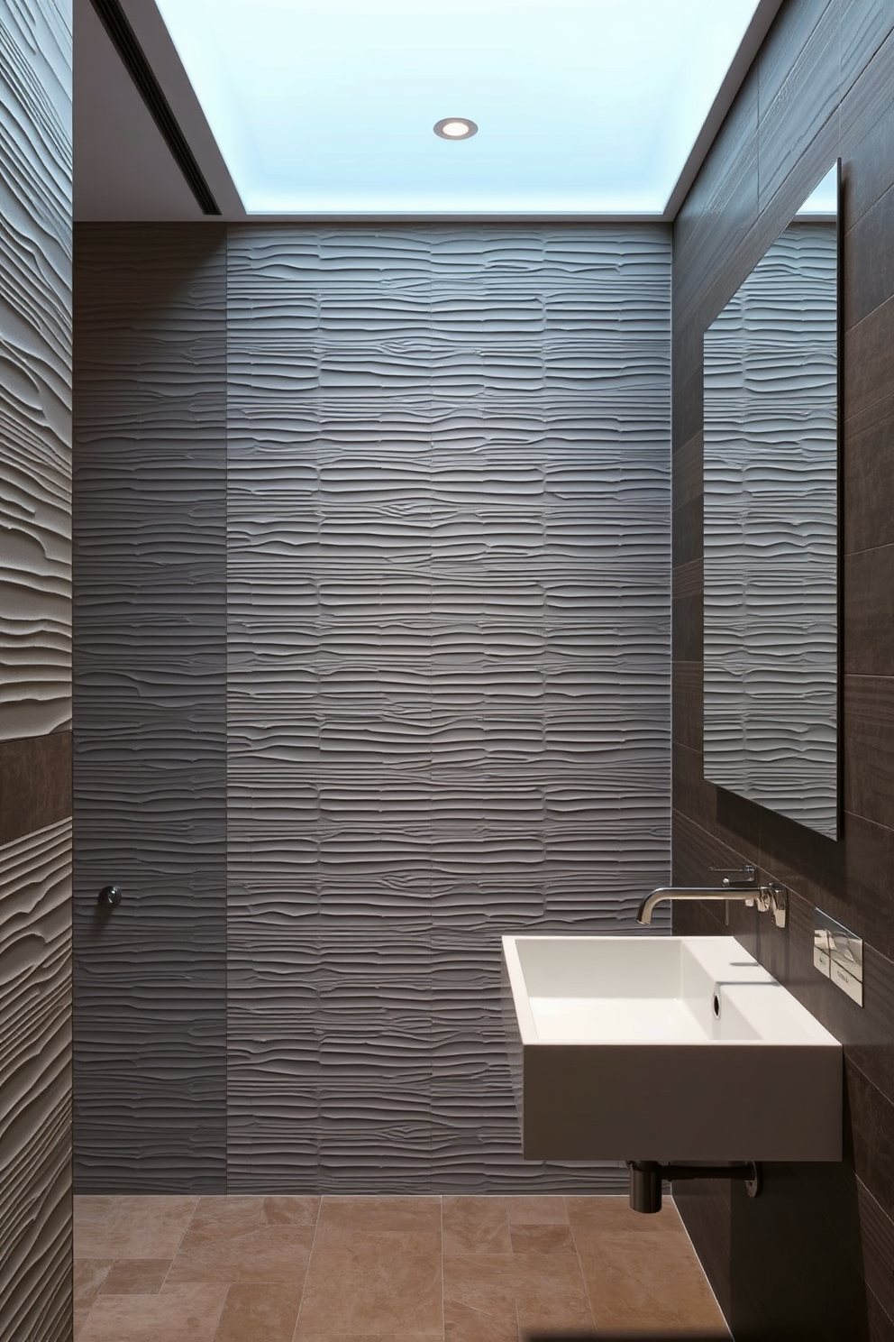 Textured wall panels create a striking visual impact in a contemporary bathroom. The panels are complemented by sleek fixtures and a minimalist aesthetic, enhancing the overall sophistication of the space.