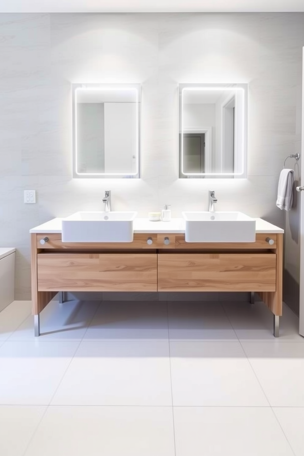 A contemporary bathroom featuring geometric tile patterns on the floor and walls creating a striking visual effect. The space is enhanced by sleek fixtures and a minimalist wooden vanity that complements the bold tile design.