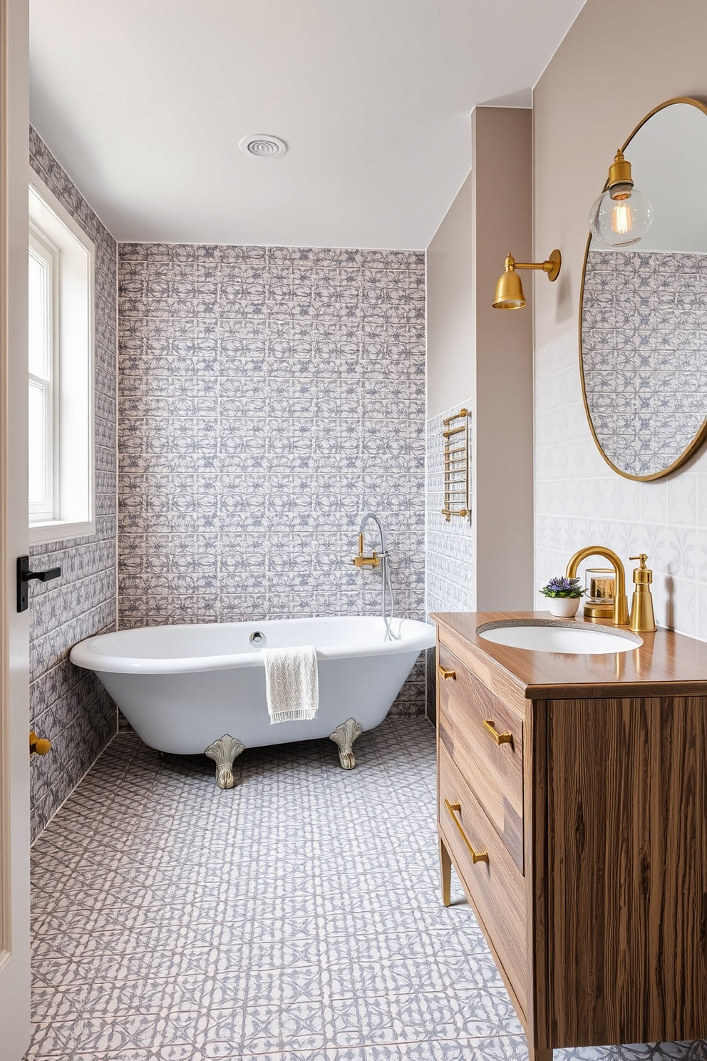 A contemporary bathroom featuring vintage elements seamlessly integrated into the design. The space includes a freestanding clawfoot bathtub paired with sleek modern fixtures, creating a striking contrast. The walls are adorned with retro patterned tiles while a minimalist vanity with a distressed wood finish sits adjacent to the bathtub. Accents of gold in the hardware and light fixtures enhance the vintage charm, inviting warmth into the modern aesthetic.