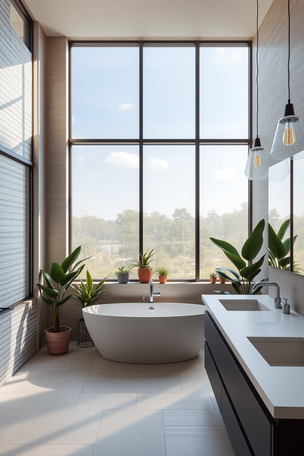 A contemporary bathroom design featuring large windows that allow natural light to flood the space. The room includes a sleek freestanding bathtub positioned beneath the windows, surrounded by potted plants for a touch of greenery. The walls are adorned with textured tiles in soft neutral tones, creating a calming atmosphere. A modern double sink vanity with a minimalist design complements the overall aesthetic, while stylish pendant lights hang above for added illumination.