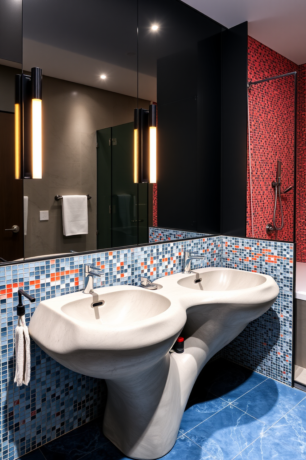 A contemporary bathroom design featuring bold black and white contrasts. The walls are painted in a crisp white, while the floor is adorned with large black tiles, creating a striking visual impact. A sleek freestanding black bathtub takes center stage, complemented by a minimalist white vanity with a polished chrome faucet. Large frameless mirrors reflect the dramatic color scheme, enhancing the sense of space and elegance.