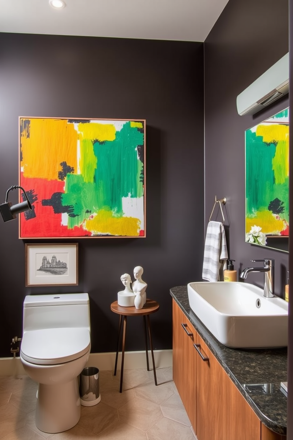 Artistic wall art adds a vibrant touch to a contemporary bathroom. Consider a large abstract painting with bold colors that complements the overall color scheme of the room. Incorporate unique sculptures or framed prints to create visual interest and personality. Choose pieces that reflect your style and enhance the modern aesthetic of the space.