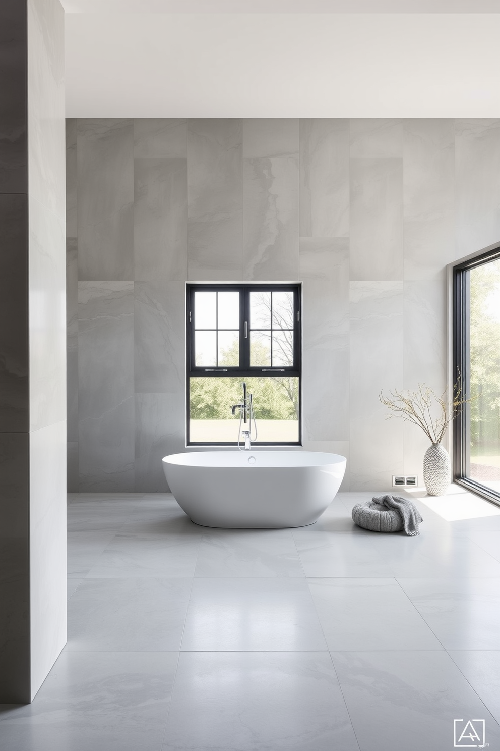 A contemporary bathroom featuring large format tiles that create a seamless design throughout the space. The walls and floor are adorned with elegant tiles in soft neutral tones, enhancing the overall modern aesthetic. The bathroom includes a freestanding soaking tub positioned near a large window that allows natural light to flood the room. A sleek, minimalist vanity with a floating design complements the spacious layout, providing ample storage without cluttering the space.