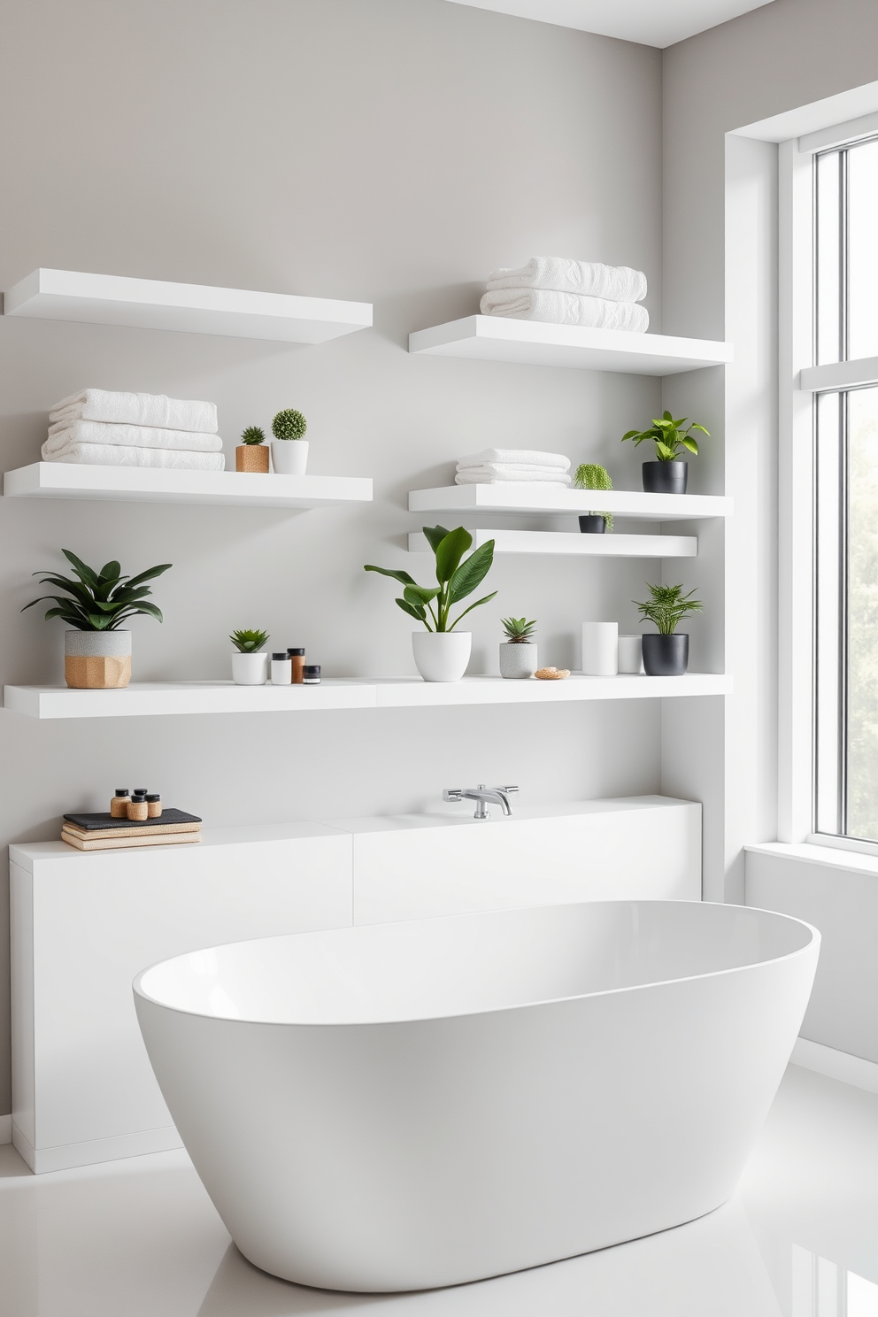 A minimalist bathroom featuring sleek white shelving units that provide functional decor. The shelves are adorned with neatly arranged towels, potted plants, and elegant bathroom accessories, creating a clean and uncluttered aesthetic. The walls are painted in a soft gray tone, enhancing the sense of spaciousness. A modern freestanding bathtub sits beneath a large window, allowing natural light to flood the room.