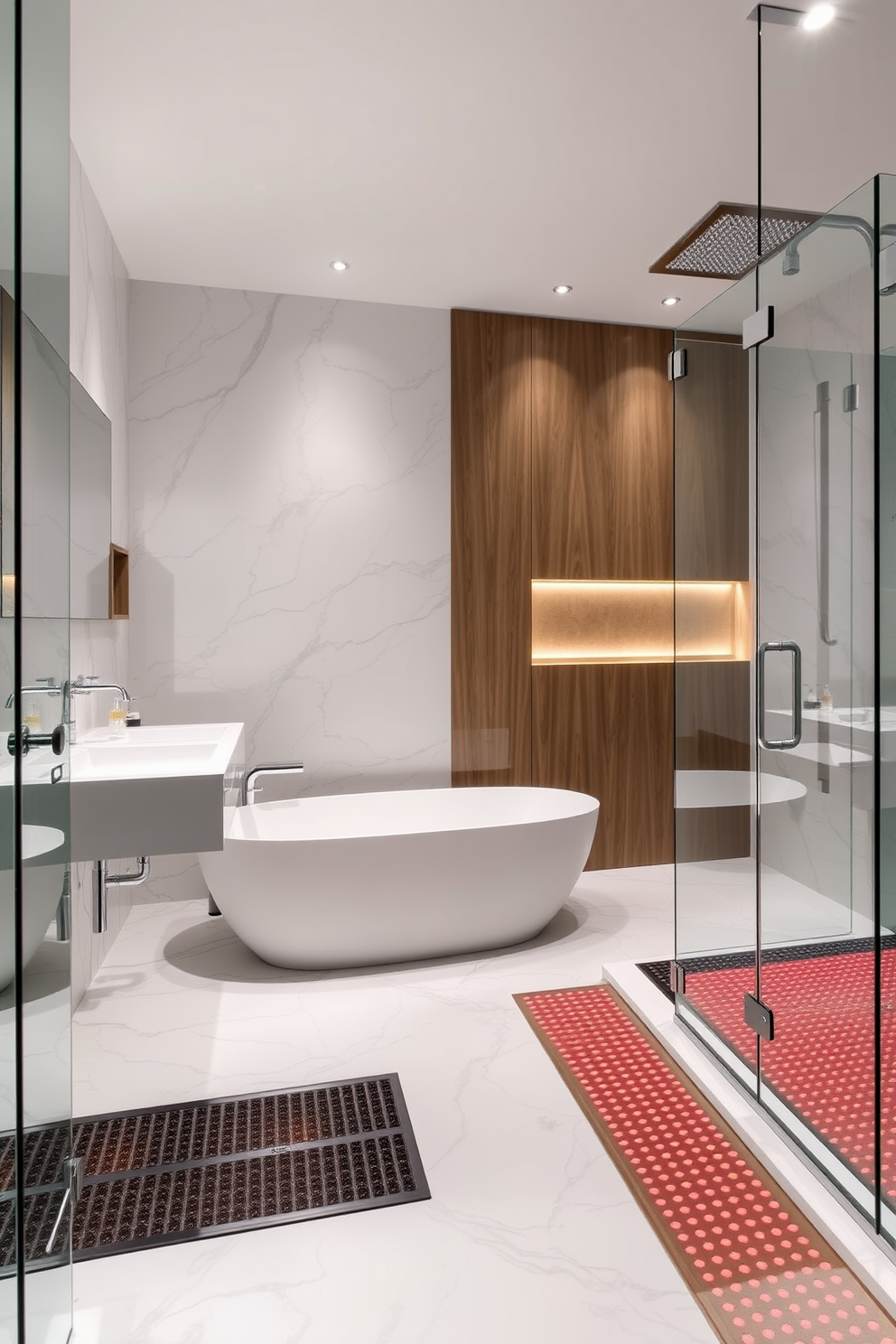 A contemporary bathroom design featuring heated flooring that enhances comfort and luxury. The space includes sleek fixtures, a freestanding soaking tub, and large glass shower with rainfall showerhead.